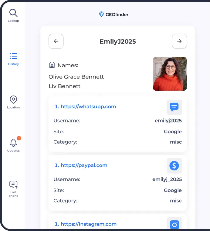 GEOfinder dashboard showing reverse username search results with linked profiles