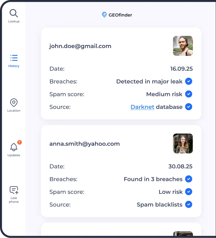 GEOfinder dashboard showing email hack checker results with breach details