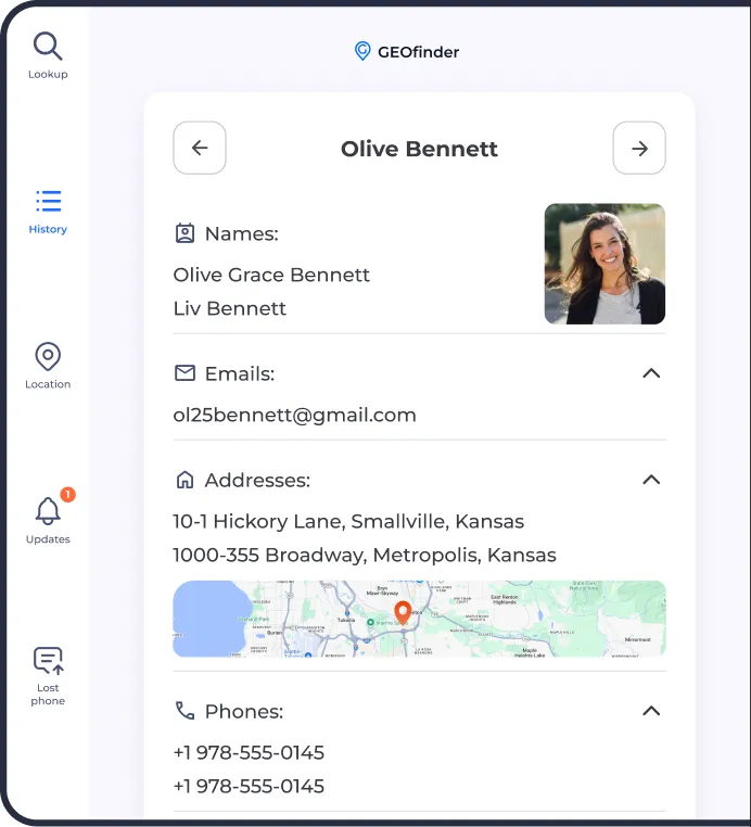 GEOfinder dashboard showing name lookup results with contact details