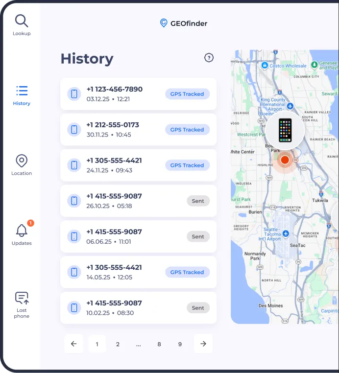 GEOfinder dashboard showing lost phone location history and map