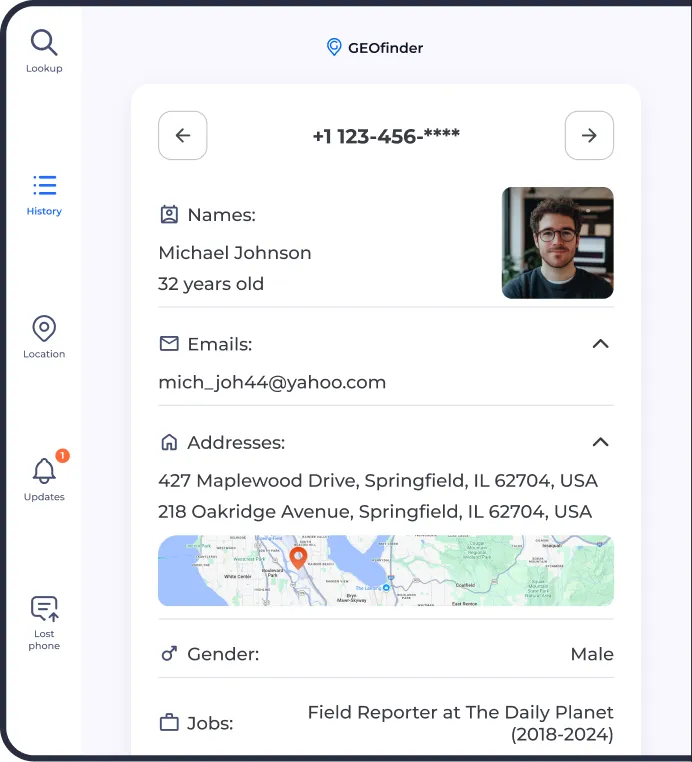 GEOfinder dashboard showing reverse phone lookup report with contact details