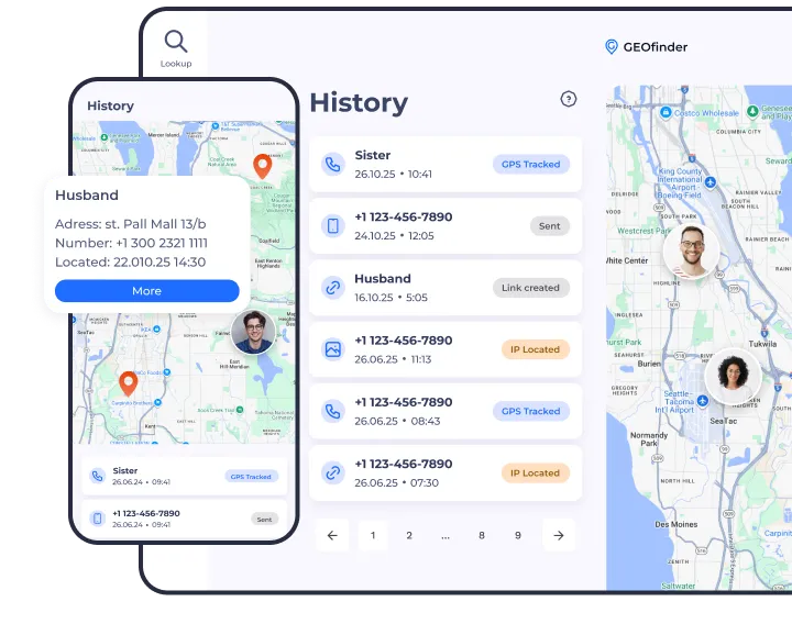 How does phone number location appear in the GEOfinder dashboard?