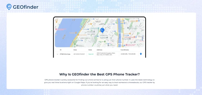 GEOfinder mobile number tracker with Google Map - tracking feature page screenshot